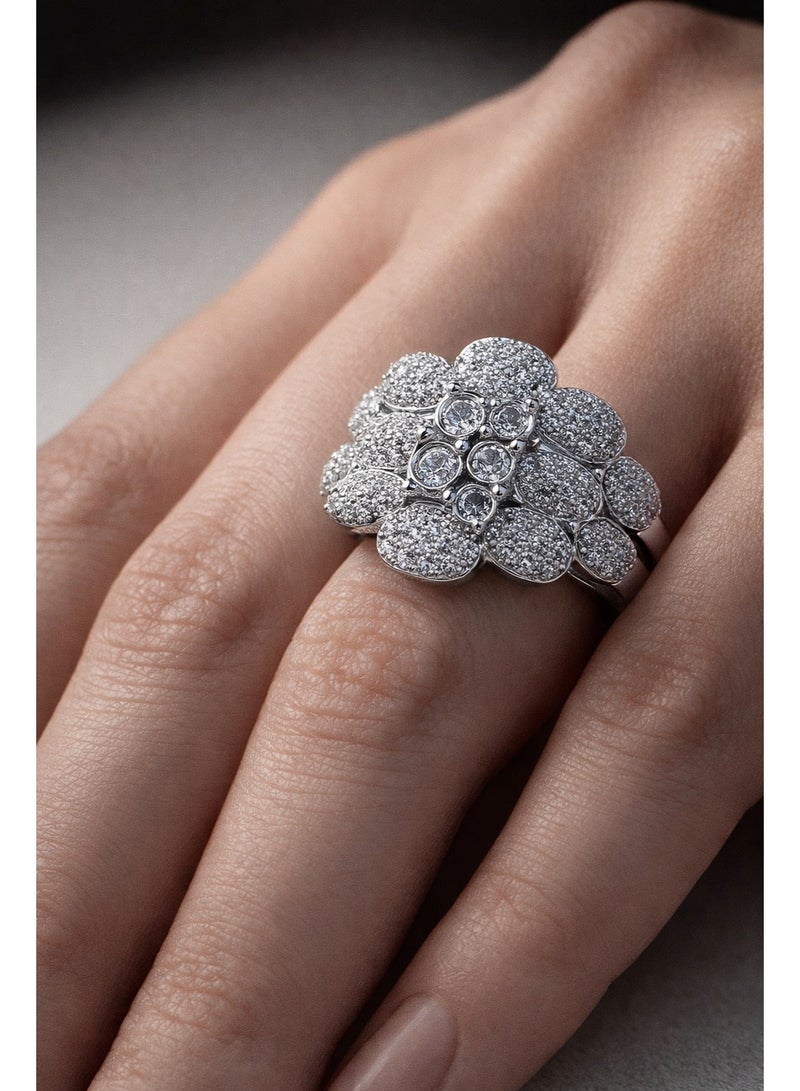 3Diamonds Floral Cluster Ring, Platinum & Rhodium Plated, Zircon Shine Design - Image 1