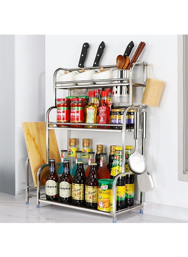 JCB CHIC 3-Tier Spice Rack Organizer, Kitchen Countertop Storage Rack, Kitchen Organizer Shelf with 6 Hooks for Spice Cans, Sauce Jars, Seasoning Bottles, Kitchen Accessories (Silver)  - Image 1