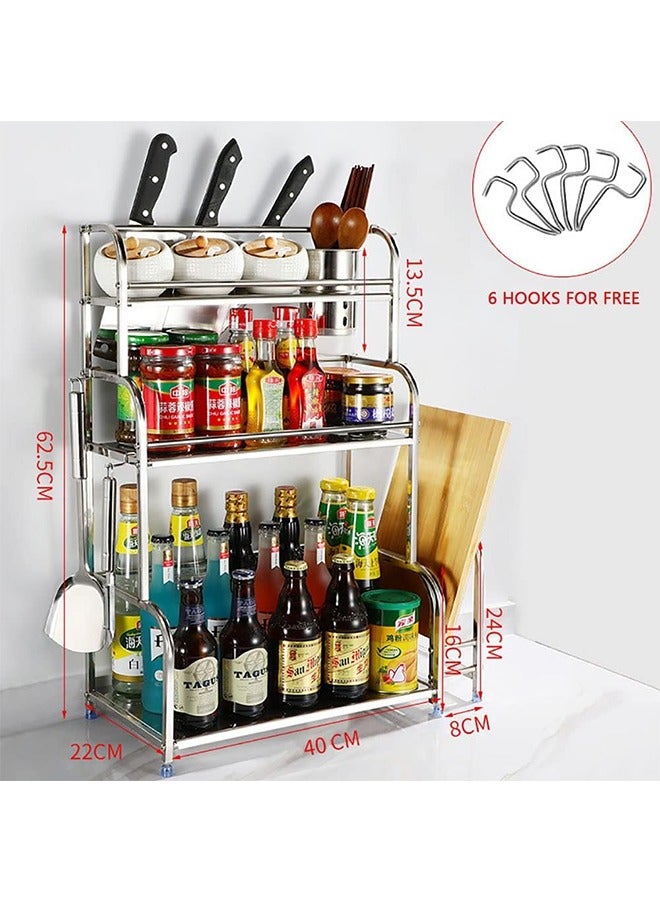 JCB CHIC 3-Tier Spice Rack Organizer, Kitchen Countertop Storage Rack, Kitchen Organizer Shelf with 6 Hooks for Spice Cans, Sauce Jars, Seasoning Bottles, Kitchen Accessories (Silver)  - Image 2