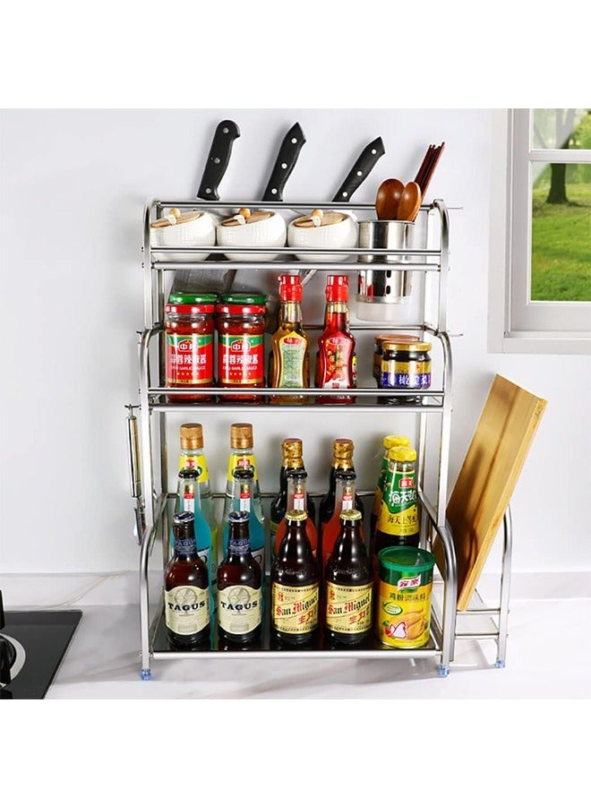 JCB CHIC 3-Tier Spice Rack Organizer, Kitchen Countertop Storage Rack, Kitchen Organizer Shelf with 6 Hooks for Spice Cans, Sauce Jars, Seasoning Bottles, Kitchen Accessories (Silver)  - Image 5