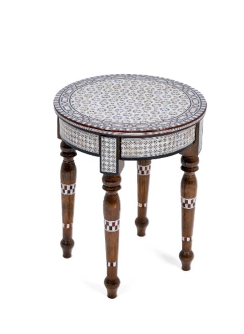 Handcrafted Round Wooden Side Table Inlaid with Natural Mother of Pearl Mosaic & Shell Patterns - Diameter 45 cm x Height 50 cm
