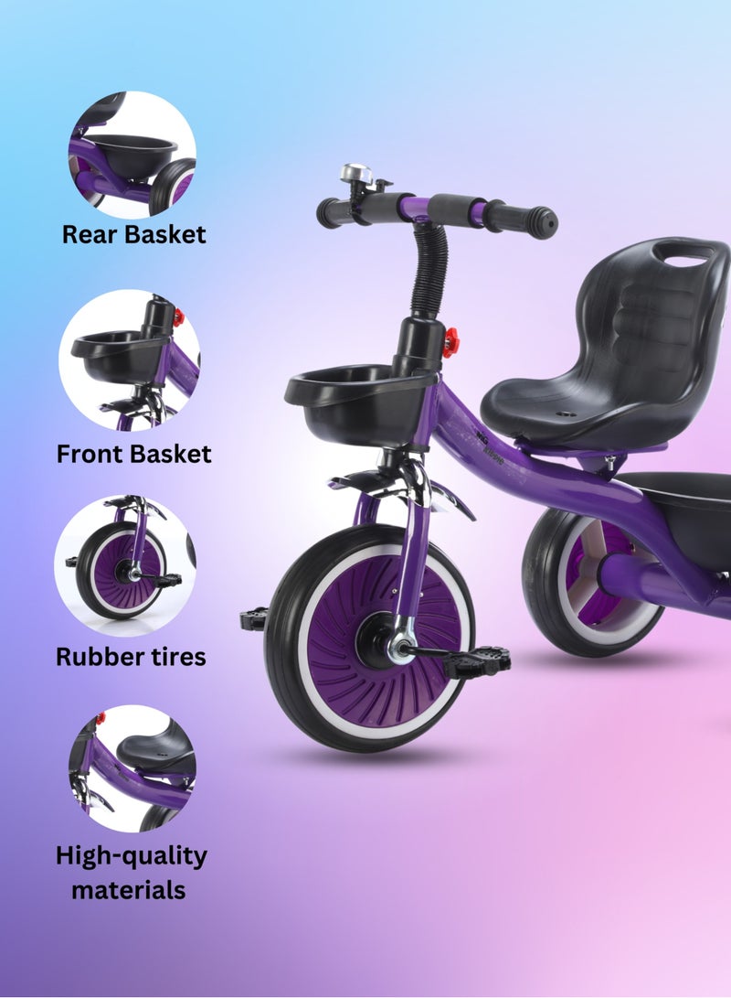 MG Ride on Toys Baby Balance Bike For 2-6 Years Kids | Tricycle For Kids with Front and Rear Basket, Bell and Color Wheels for Boys and Girls, Purple - Image 2