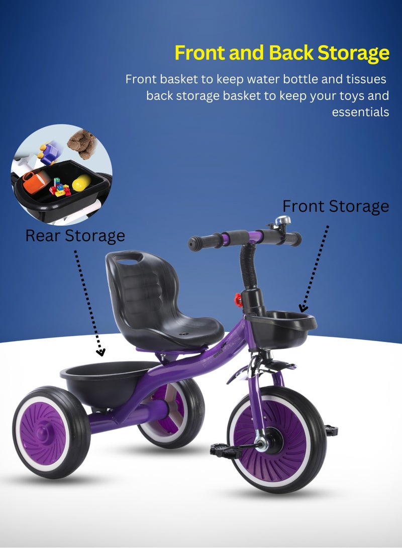 MG Ride on Toys Baby Balance Bike For 2-6 Years Kids | Tricycle For Kids with Front and Rear Basket, Bell and Color Wheels for Boys and Girls, Purple - Image 3