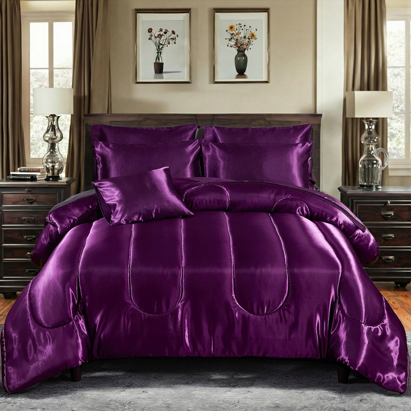 Bedding_Dreamer Satin Comforter Set with Sheet Set Queen Silk Like Satin Bed in a Bag 8 Pieces Luxury Silky Bedding with 1 Comforter, 1 Flat Sheet, 1 Fitted Sheet, 4 Pillowcases, 1 Cushion Cover (Queen, Purple) - Image 1