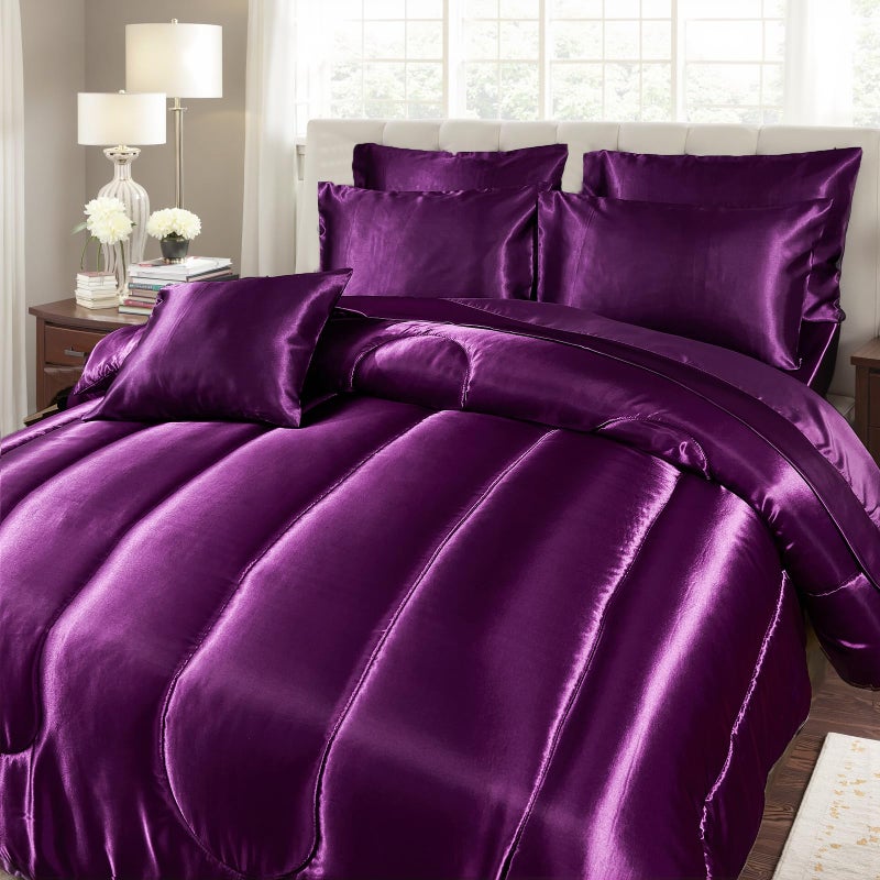 Bedding_Dreamer Satin Comforter Set with Sheet Set Queen Silk Like Satin Bed in a Bag 8 Pieces Luxury Silky Bedding with 1 Comforter, 1 Flat Sheet, 1 Fitted Sheet, 4 Pillowcases, 1 Cushion Cover (Queen, Purple) - Image 3