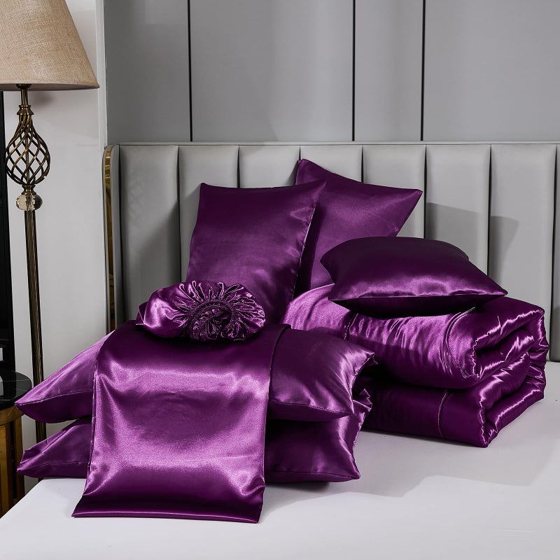Bedding_Dreamer Satin Comforter Set with Sheet Set Queen Silk Like Satin Bed in a Bag 8 Pieces Luxury Silky Bedding with 1 Comforter, 1 Flat Sheet, 1 Fitted Sheet, 4 Pillowcases, 1 Cushion Cover (Queen, Purple) - Image 5