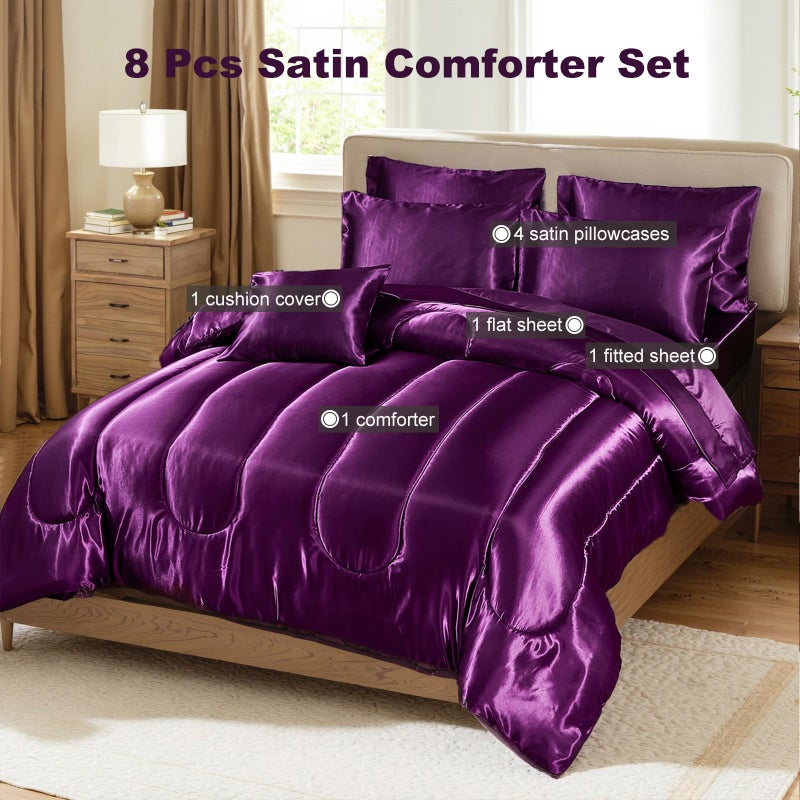 Bedding_Dreamer Satin Comforter Set with Sheet Set Queen Silk Like Satin Bed in a Bag 8 Pieces Luxury Silky Bedding with 1 Comforter, 1 Flat Sheet, 1 Fitted Sheet, 4 Pillowcases, 1 Cushion Cover (Queen, Purple) - Image 2