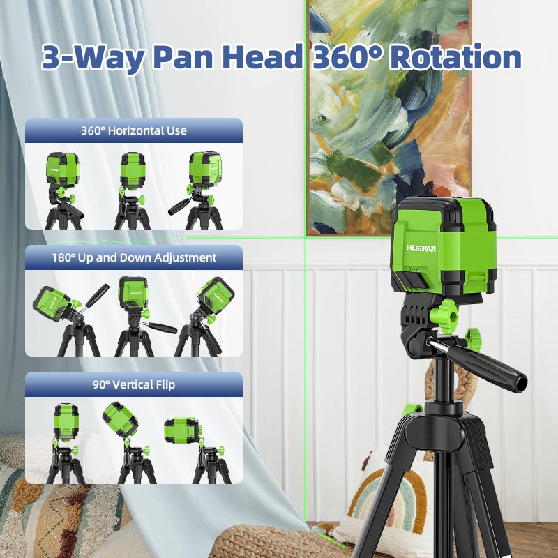 Huepar 60-Inch Lightweight Tripod Portable Adjustable Tripod for Laser Level with 3-Way Swivel Pan Head, 2 Bubble Levels, 1/4" and 5/8" Thread Mount for Varieties Tools, Only for Indoor Basic Work - Image 3