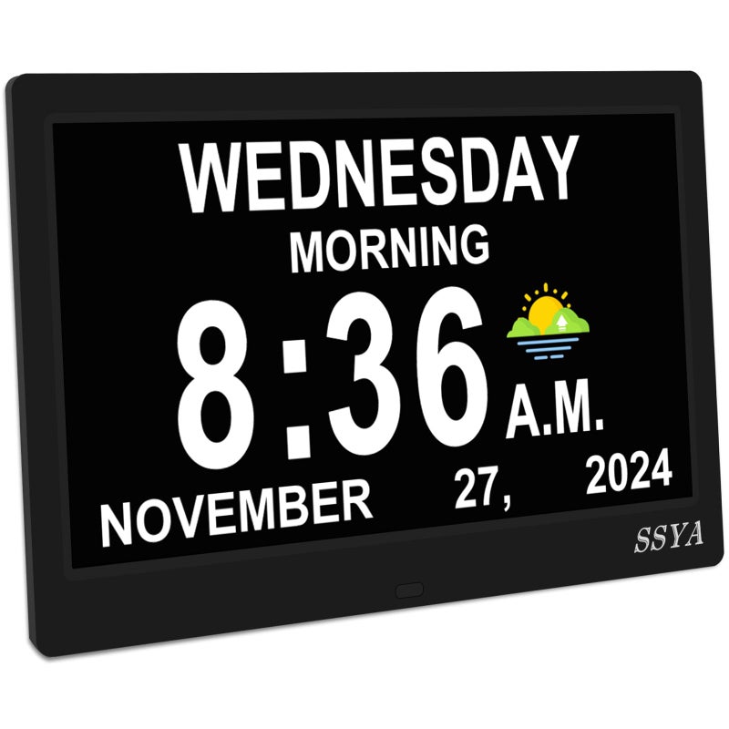 SSYA Dementia Clock for Seniors Digital Clock with Date and Day of Week Auto DST NonAbbreviated Large Calendar Alarm Clocks Black