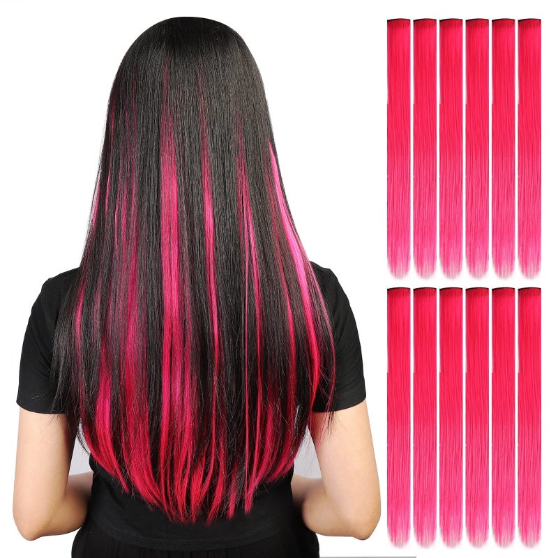 YaFex 12 Pcs Clip in Hair Extensions, 22 Inch Colored Hair Extensions Party Highlights Long Straight Synthetic Hairpieces for Women Kids Girls (Hot Pink) - Image 2
