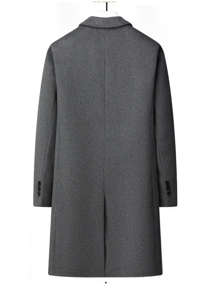 Loquat - Men's Woolen Casual Trench Coat Suit Collar Long Jacket Overcoat with Pockets Grey - Image 1