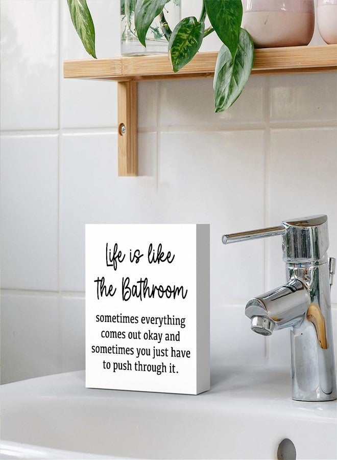 FXEFXE Life Is Like The Bathroom, Bathroom Signs Decor, Black and White Bathroom Decor, Funny Bathroom Decor, Bathroom Decor for Shelves, Wooden Box Decor Sign for Home Farmhouse Living Room Table - Image 3