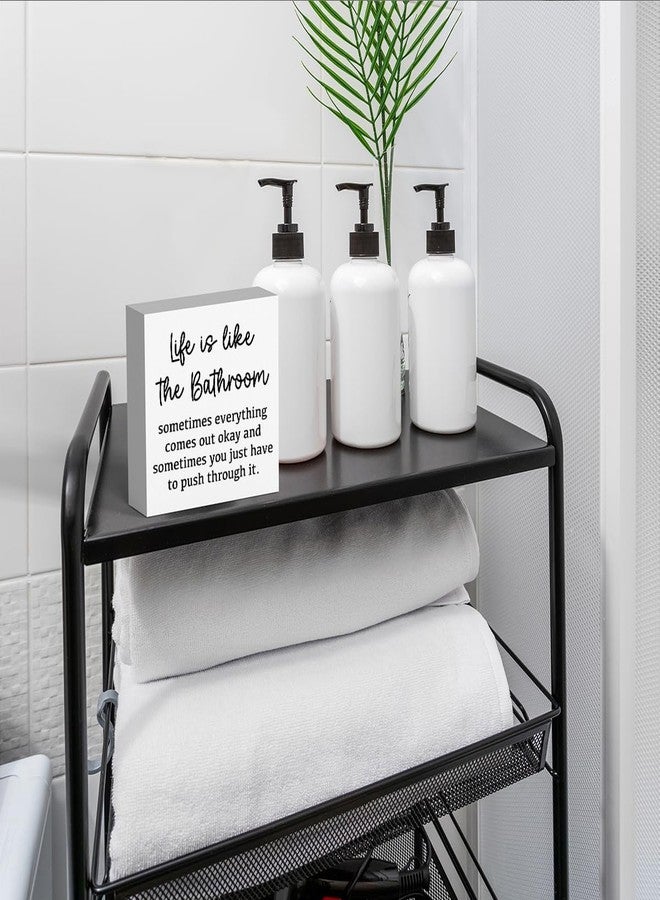FXEFXE Life Is Like The Bathroom, Bathroom Signs Decor, Black and White Bathroom Decor, Funny Bathroom Decor, Bathroom Decor for Shelves, Wooden Box Decor Sign for Home Farmhouse Living Room Table - Image 4
