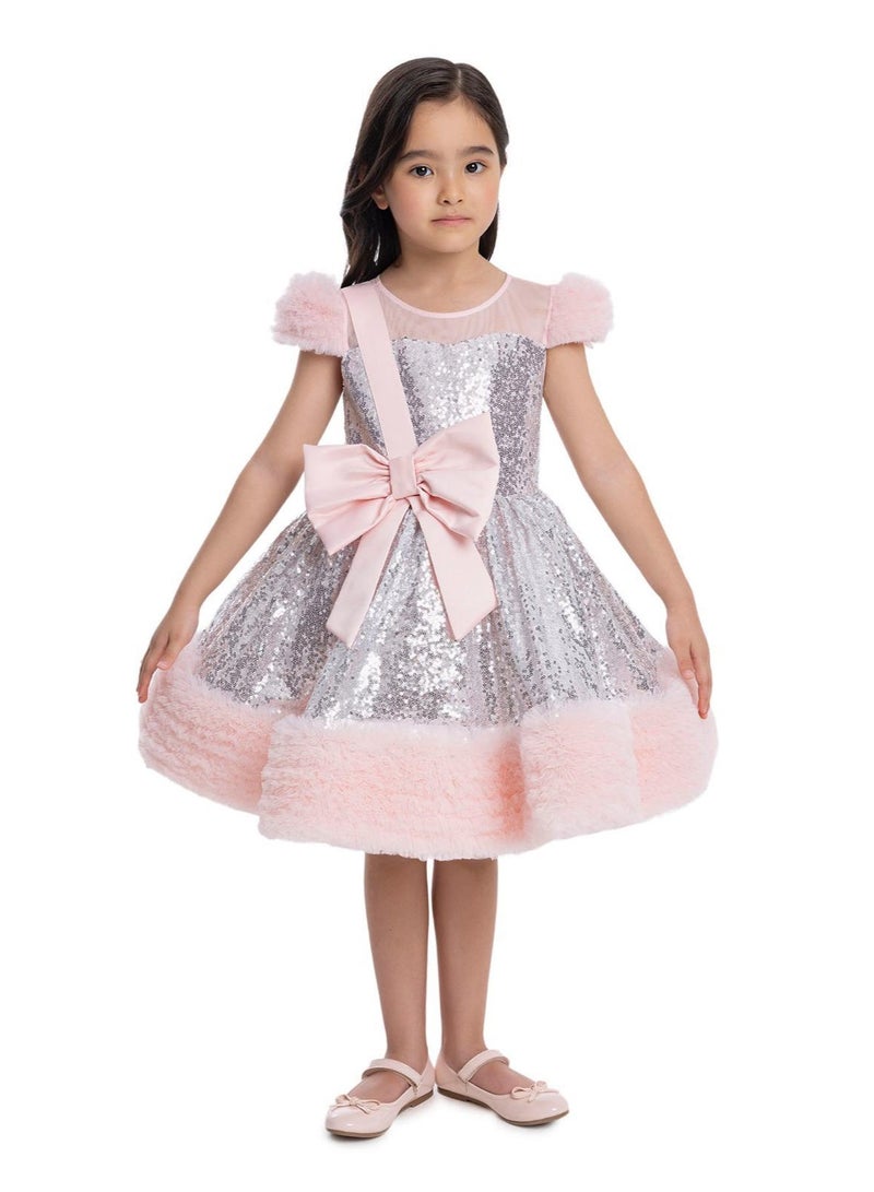 فيا بامبينو فستان احتفالي بالترتر الفضي والفرو الصناعي - Image 1
