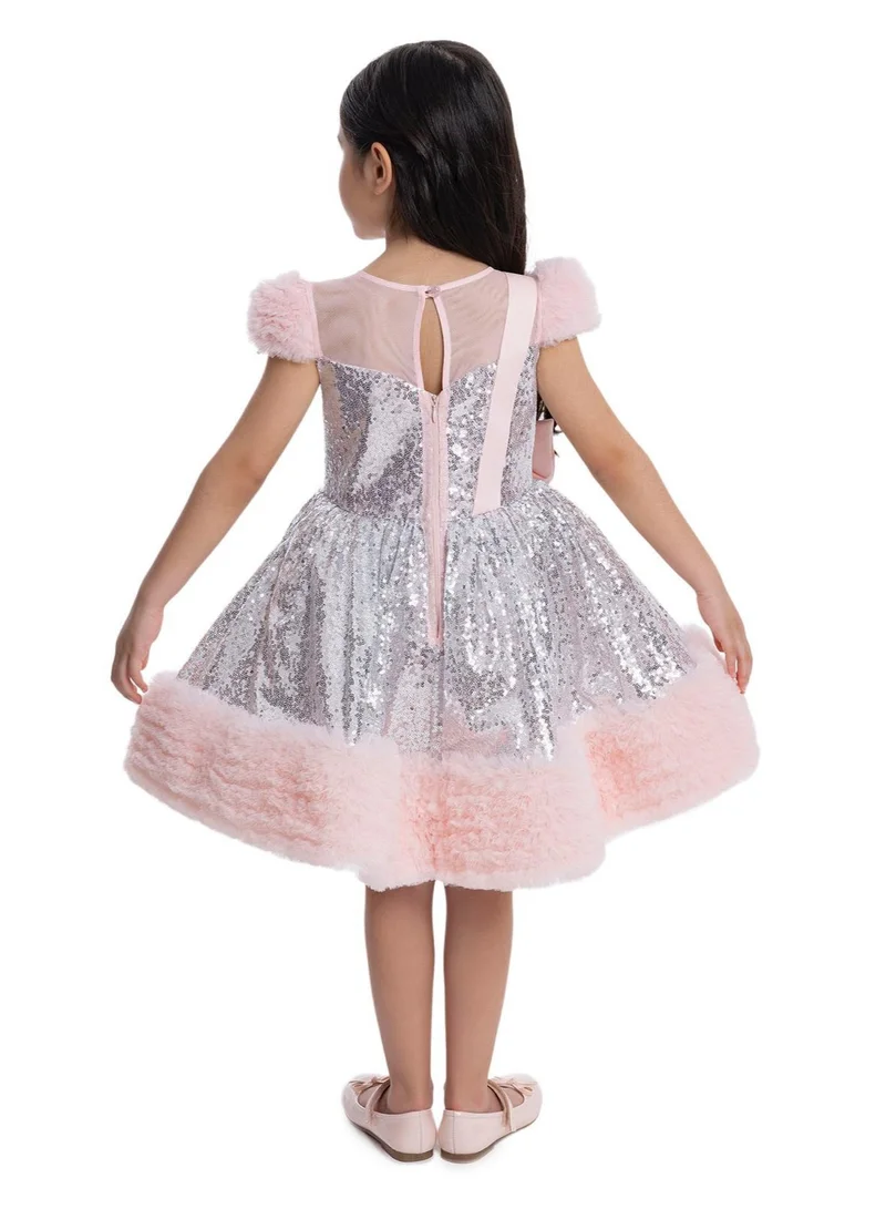 VIA BAMBINO Silver Sequin & Faux Fur Holiday Dress