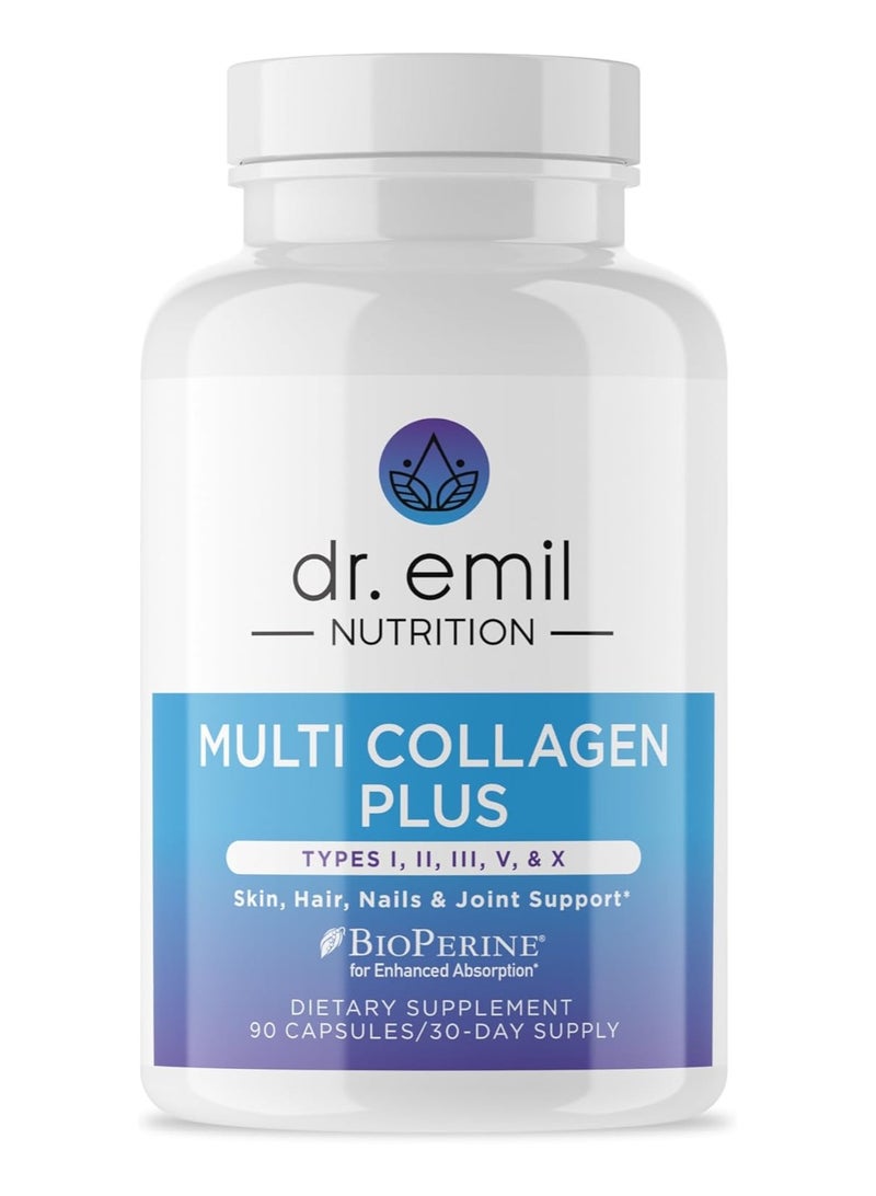 دي آر اميل نيوترشن متعدد الكولاجين بلس (الأنواع I، II، III، V & X) لدعم البشرة والشعر والأظافر والمفاصل 90 كبسولة، كمية تكفي 30 يومًا