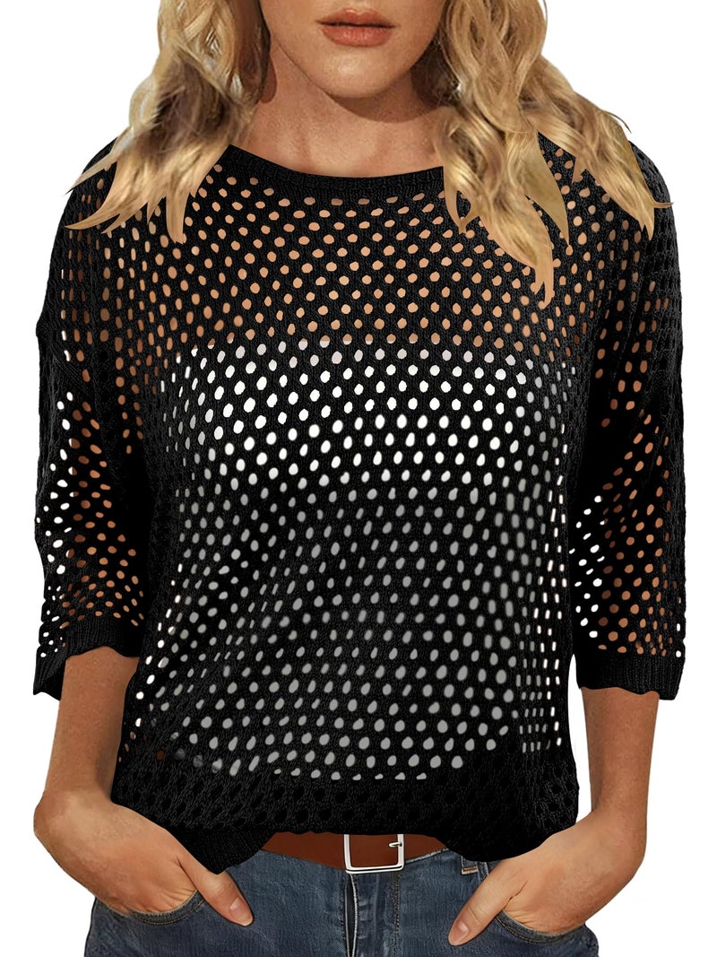 CRAZY GRID Women's 2026 Spring Summer Crochet Hollow Out 3/4 Length Sleeve Sweater Beach Vacation T-Shirts Mesh Sweater Bathing Suit Cover Up Black XX-Large - Image 5