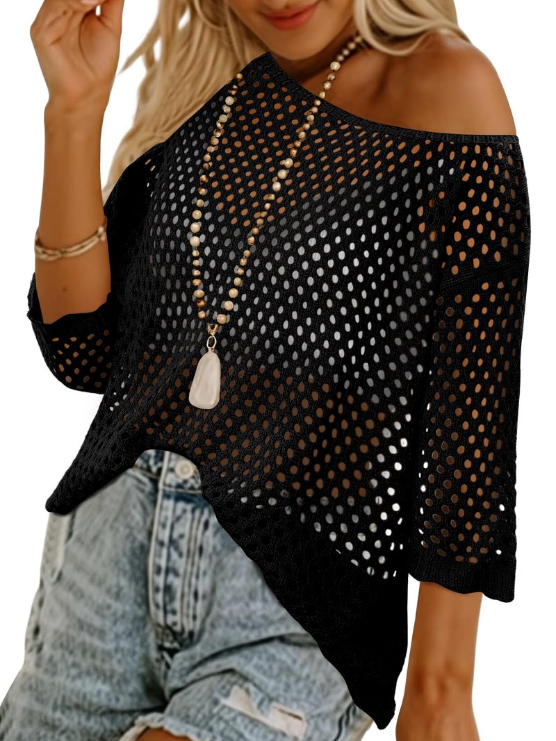 CRAZY GRID Women's 2026 Spring Summer Crochet Hollow Out 3/4 Length Sleeve Sweater Beach Vacation T-Shirts Mesh Sweater Bathing Suit Cover Up Black XX-Large - Image 4