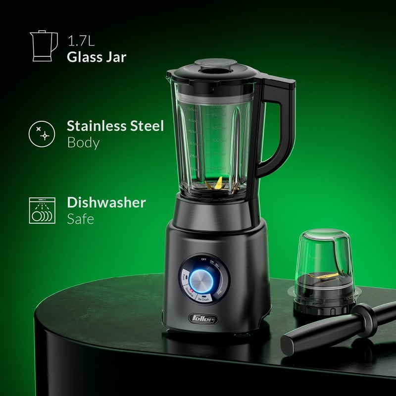Feller Germany, 1200W Blender + Grinder Mill, 1.7L Glass Jar, Ice Crush/Smoothie/Pulse Modes, Variable Speed, 6-Fin Blade, Safety Lock, BLG1200, 2Y Guarantee-KSA Version Stainless Steel (Platinum) - Image 4