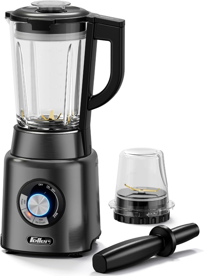 Feller Germany, 1200W Blender + Grinder Mill, 1.7L Glass Jar, Ice Crush/Smoothie/Pulse Modes, Variable Speed, 6-Fin Blade, Safety Lock, BLG1200, 2Y Guarantee-KSA Version Stainless Steel (Platinum) - Image 1