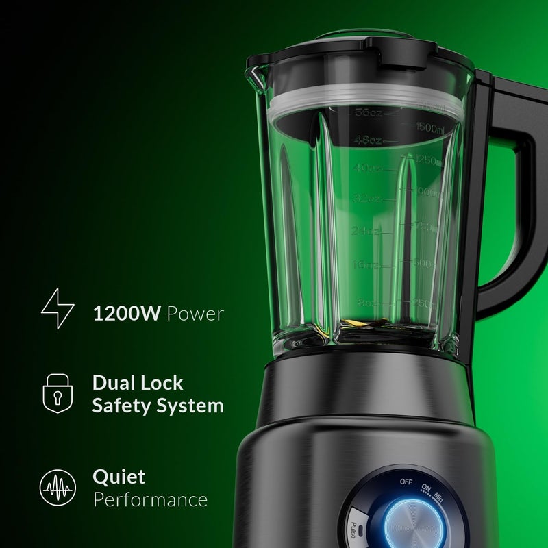 Feller Germany, 1200W Blender + Grinder Mill, 1.7L Glass Jar, Ice Crush/Smoothie/Pulse Modes, Variable Speed, 6-Fin Blade, Safety Lock, BLG1200, 2Y Guarantee-KSA Version Stainless Steel (Platinum) - Image 2