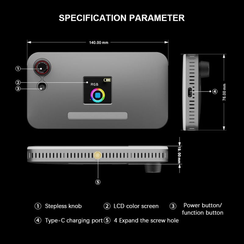 مصباح فيديو LED محمول بشاشة LCD مقاس 1.44 بوصة و152 حبة LED و3 أنماط لونية ودرجة دقة الألوان Ra≥95 - بطارية داخلية بسعة 3000 مللي أمبير ساعة - مصباح LED محمول للتصوير الجوي بالهاتف - Image 2