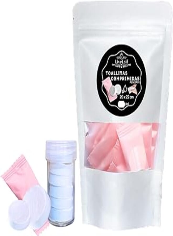 LiveLaif - 25 Compressed Wipes in Tablets + Tube with Screw Cap for Carrying Wipes | Compressed Towels in Tablets | Wet Wipes | Dry Wipes | Face Towel (25)