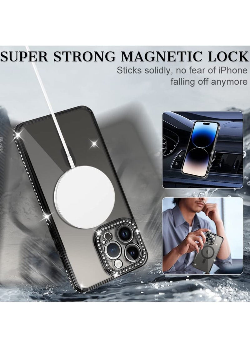 Excefore Glitter Case for iPhone 14 Pro Max (Compatible with MagSafe) Magnetic Glitter Sparkly Clear Luxury Plating Diamond Bumper Full Camera Protective Cover Compatible for Women Girls -Black - Image 2