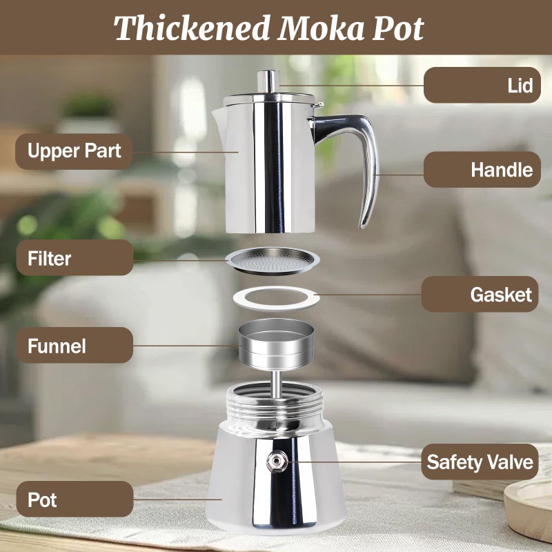 Supvision 4 Cup Thickened Moka Pot 304 Stainless Steel 200ml Italian Espresso Coffee Maker Stovetop CoffeeMakers Mocha Pot Percolator for Induction Stove Classic Cafe Makers Portable for Easy Brewing - Image 3