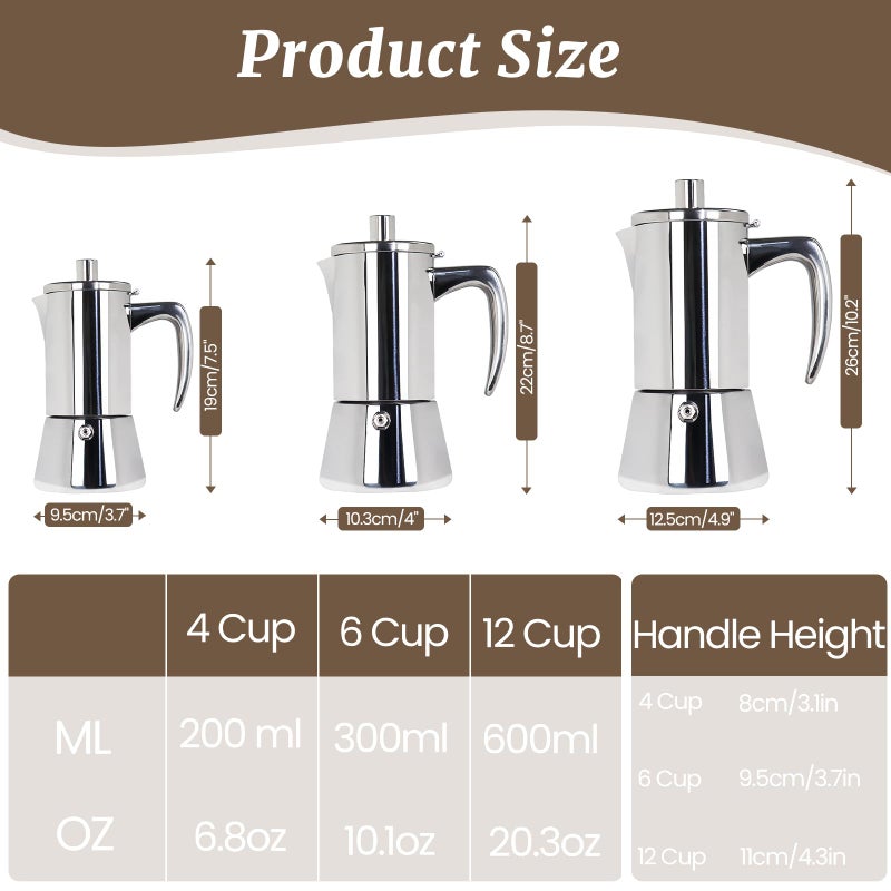 Supvision 4 Cup Thickened Moka Pot 304 Stainless Steel 200ml Italian Espresso Coffee Maker Stovetop CoffeeMakers Mocha Pot Percolator for Induction Stove Classic Cafe Makers Portable for Easy Brewing - Image 2