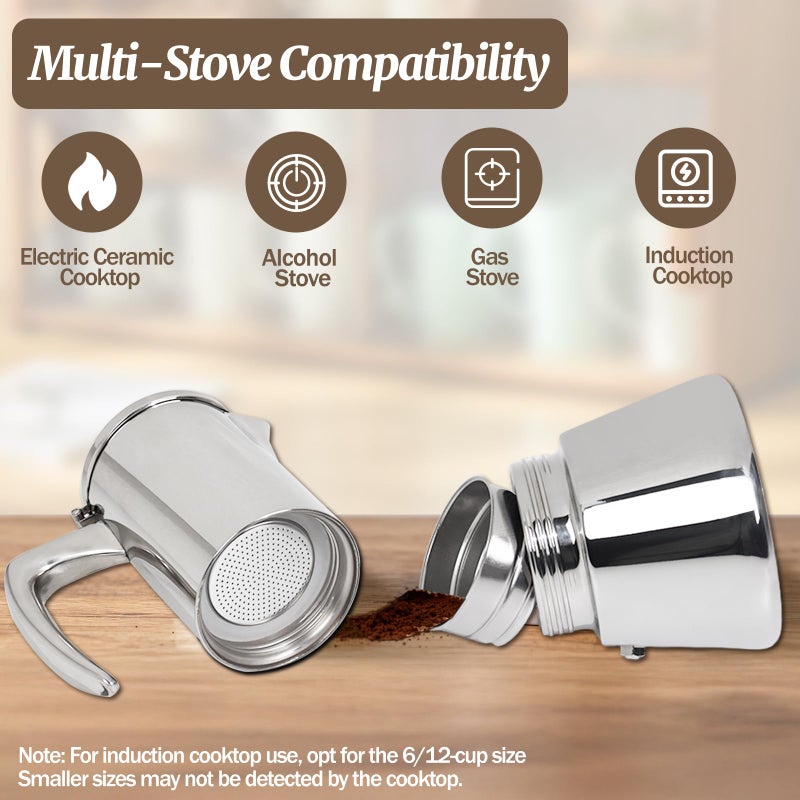 Supvision 4 Cup Thickened Moka Pot 304 Stainless Steel 200ml Italian Espresso Coffee Maker Stovetop CoffeeMakers Mocha Pot Percolator for Induction Stove Classic Cafe Makers Portable for Easy Brewing - Image 4
