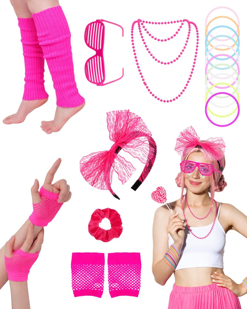 obeoby 80S 90S Outfit Costume Accessories For Women  80S Party Lace Headband Necklace Accessory Sets For Pink Halloween Masquerade Retro Party - Image 1