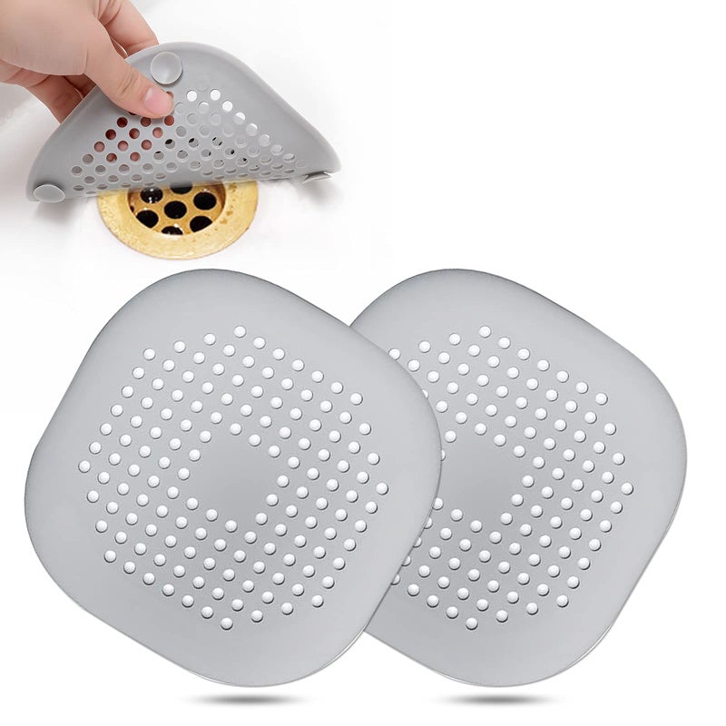 Hair Drain CatcherSquare Drain Cover for Shower Silicone Hair Stopper with Suction CupEasy to Install Suit for BathroomBathtubKitchen 2 Pack Sliver Grey