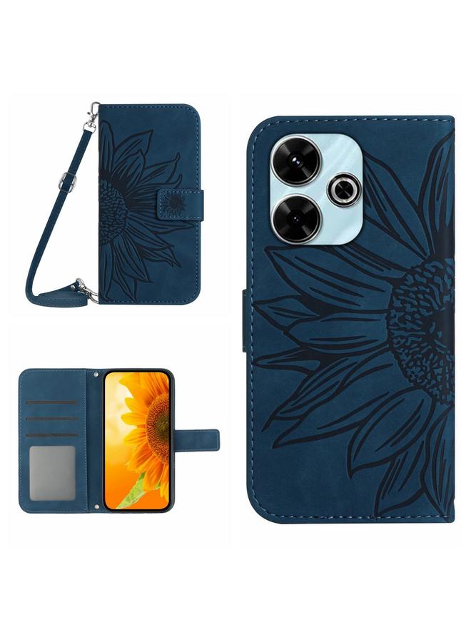 Green Tiger For Xiaomi Redmi 13 4G Global Skin Feel Sun Flower Embossed Flip Leather Phone Case with Lanyard(Inky Blue)