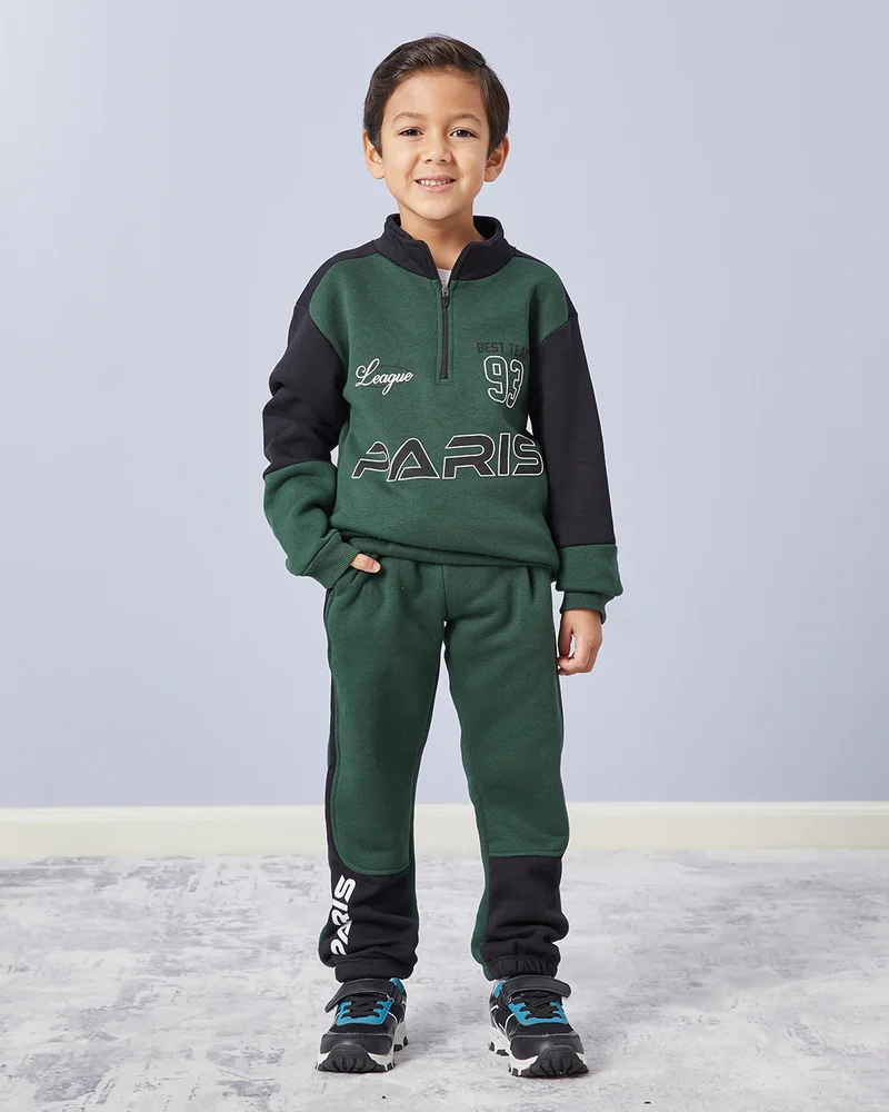 REDTAG Boys Green & Black Half Zipper Jog Set (2 Piece)