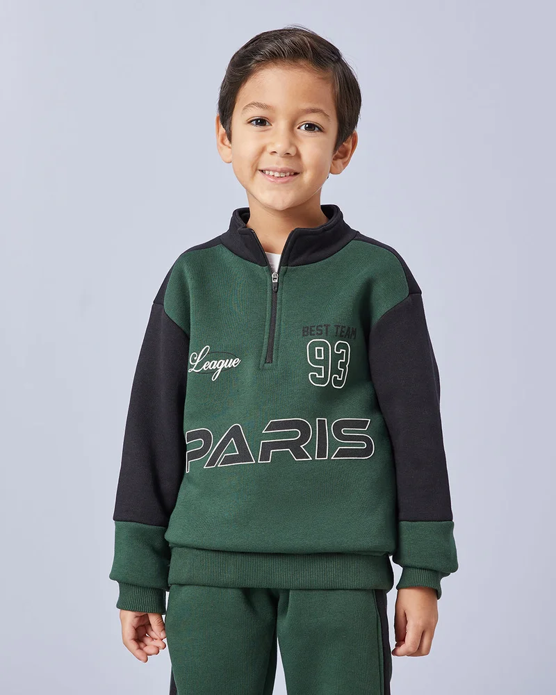 REDTAG Boys Green & Black Half Zipper Jog Set (2 Piece)