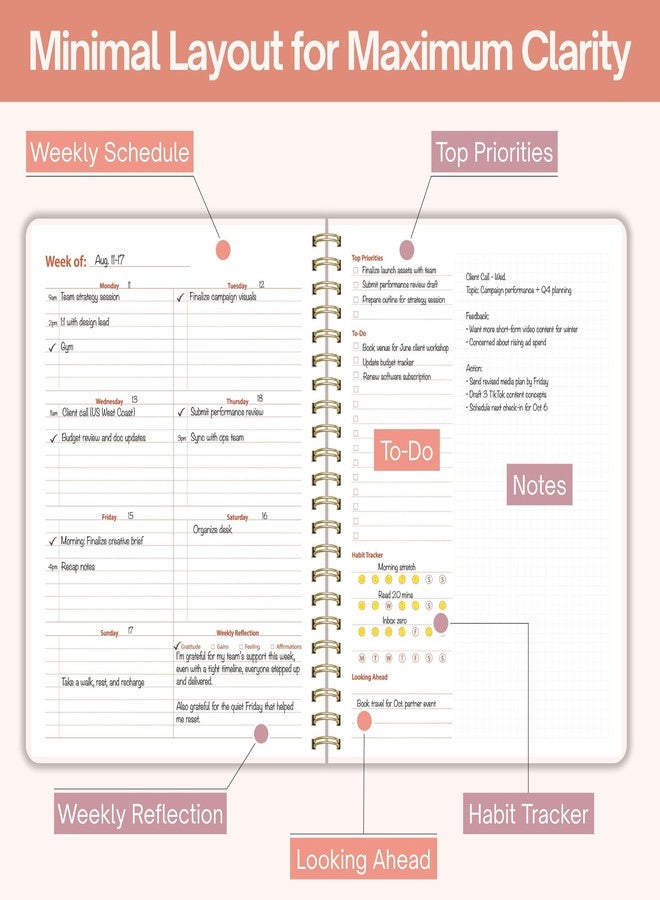 Pinkify It Undated Weekly Planner, 8.5x11” - Dashboard Layout with Yearly Review, Monthly Calendars, & Weekly To Do List, Spiral Bound Organizer for Work, Study & Life (Blush White) - Image 4