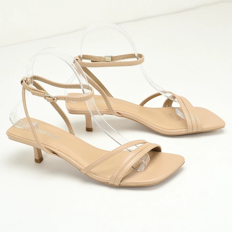 Women's Stiletto Heeled Sandals, Square Toe, Beige PU Leather, Casual Chic - Image 5