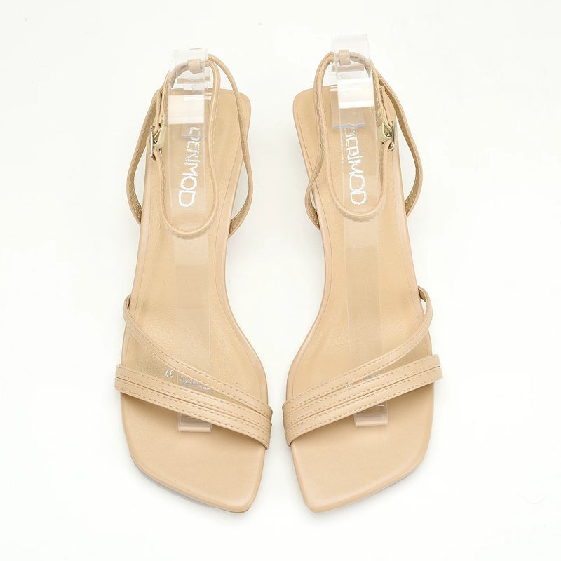 Women's Stiletto Heeled Sandals, Square Toe, Beige PU Leather, Casual Chic - Image 1
