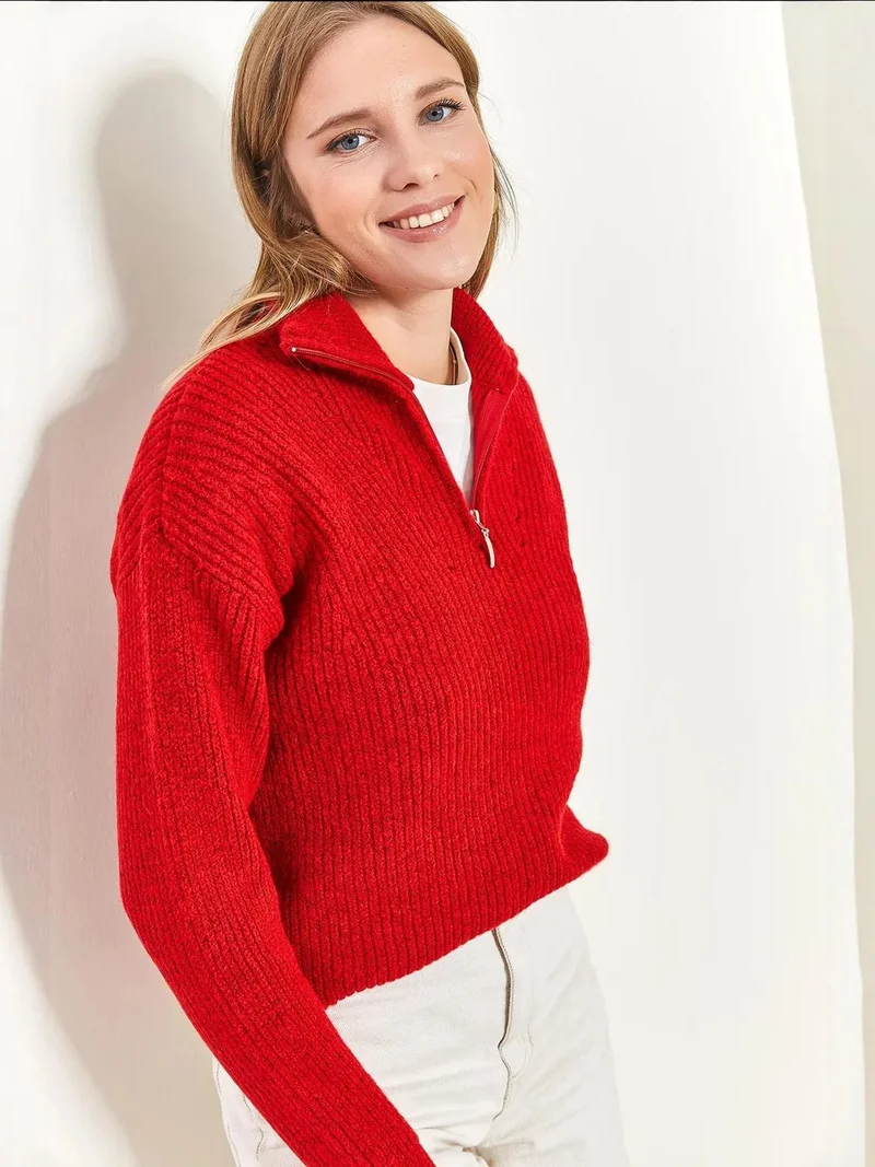 Bianco Lucci LUCCI Oversized Textured Knit Sweater with Zipper Collar