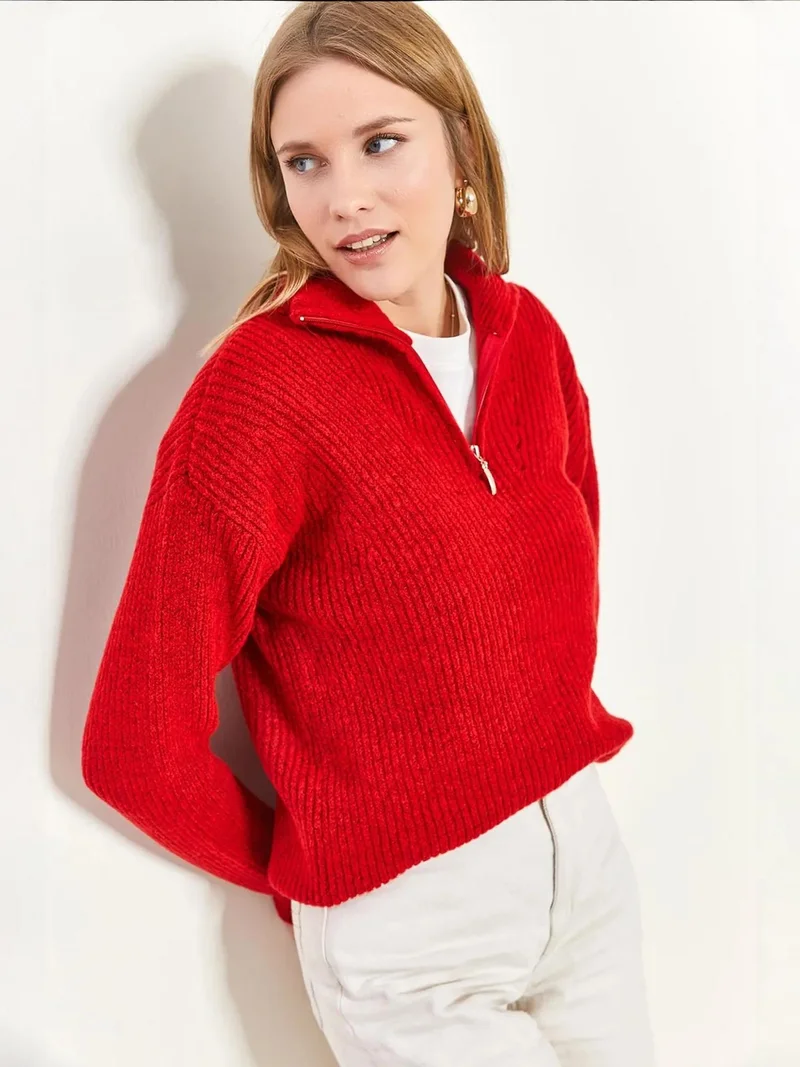 Bianco Lucci LUCCI Oversized Textured Knit Sweater with Zipper Collar