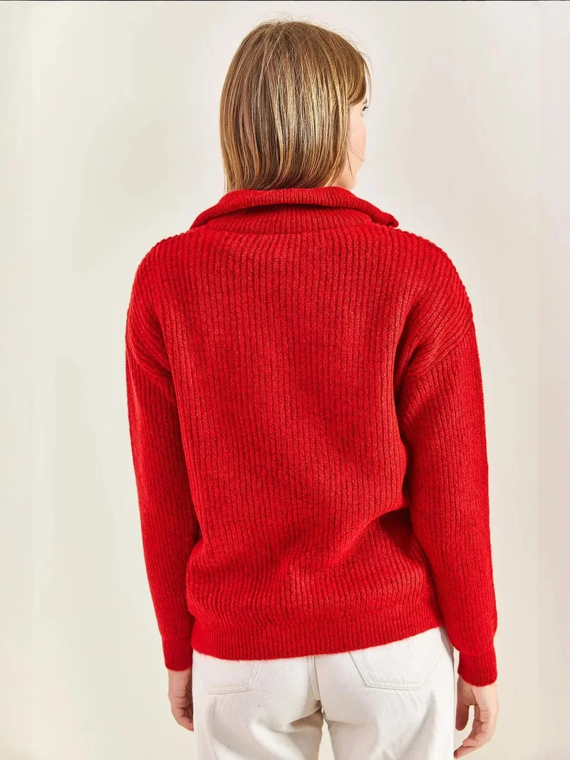 Bianco Lucci LUCCI Oversized Textured Knit Sweater with Zipper Collar