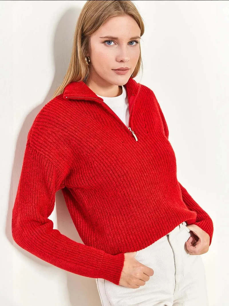 Bianco Lucci LUCCI Oversized Textured Knit Sweater with Zipper Collar