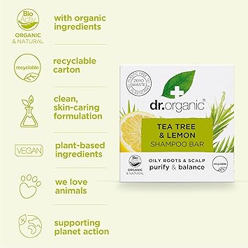 dr.organic شامبو بار دكتور أورغانيك شجرة الشاي والليمون للتوضيح للجذور الدهنية فروة الرأس خالي من البلاستيك شامبو بار صلب طبيعي نباتي خالي من التجارب على الحيوانات 75 جرام - Image 3