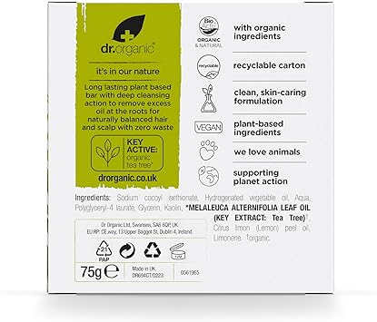 dr.organic شامبو بار دكتور أورغانيك شجرة الشاي والليمون للتوضيح للجذور الدهنية فروة الرأس خالي من البلاستيك شامبو بار صلب طبيعي نباتي خالي من التجارب على الحيوانات 75 جرام - Image 2