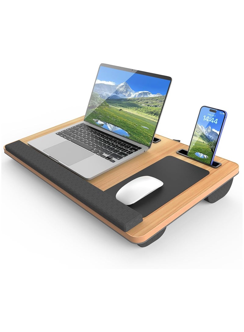 NNEWVANTE طاولة لابتوب محمولة على الساق، طاولة لابتوب كبيرة محمولة للسرير، لطاولة لابتوب تصل إلى 17 بوصة مع مسند للمعصم، وسادة ماوس، فتحة لجهاز التابلت أو الهاتف، مقبض محمول، طاولة لابتوب على الساق مع وسادة (طبيعي) - Image 1