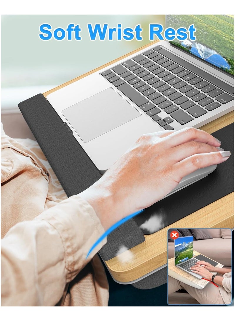 NNEWVANTE طاولة لابتوب محمولة على الساق، طاولة لابتوب كبيرة محمولة للسرير، لطاولة لابتوب تصل إلى 17 بوصة مع مسند للمعصم، وسادة ماوس، فتحة لجهاز التابلت أو الهاتف، مقبض محمول، طاولة لابتوب على الساق مع وسادة (طبيعي) - Image 3