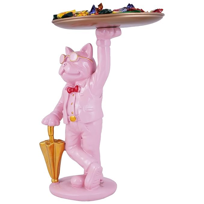 ZART Kitty Cat Serving Platter with Porcelain Figurines, Pink, Home Decor Statues - Image 3