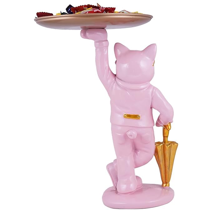 ZART Kitty Cat Serving Platter with Porcelain Figurines, Pink, Home Decor Statues - Image 5