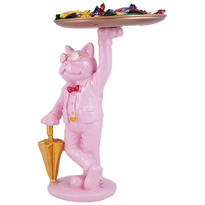 ZART Kitty Cat Serving Platter with Porcelain Figurines, Pink, Home Decor Statues - Image 4